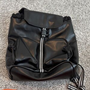 Black Faux Leather Backpack with Zipper Detail